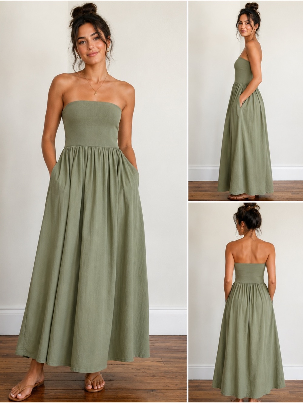 Xirena Strapless Olive Green Maxi Dress with Pockets XS